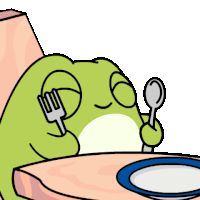 a frog is sitting at a table holding a fork and a spoon