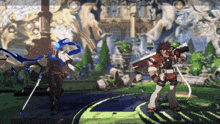 a video game character with a sword and shield is fighting another character
