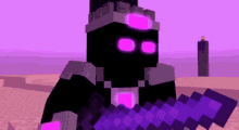 a minecraft character holding a sword with purple eyes