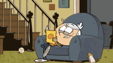 lincoln loud is reading a book while laying in a chair