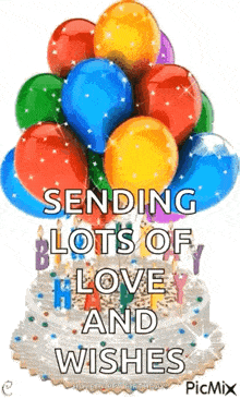 a birthday cake with balloons and candles and the words `` sending lots of love and wishes ''