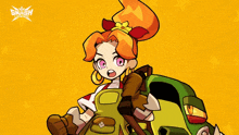 a cartoon of a girl standing next to a green car with the word smash on the bottom right