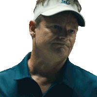 a man wearing a blue shirt and a white hat with the letters sg on it