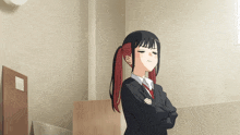 a girl with a ponytail has her arms crossed