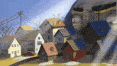 a cartoon drawing of a small town with houses and a car