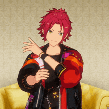 a cartoon character with red hair and a black jacket