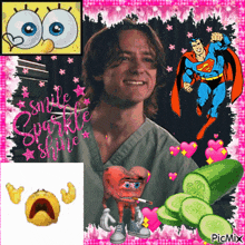 a picture of a man with superman and spongebob and a heart with a cigarette in it
