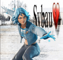 a woman in a blue jacket stands in front of a sign that says svbaum