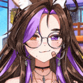 a girl with purple hair and glasses has a bandage on her face