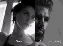 a black and white photo of a woman and a man with the caption " ciera 's son ( natsu ) " on the bottom