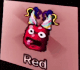 a cartoon of a red monster with horns on a pink background with the word red on it .