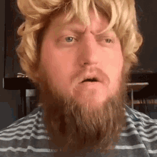 a man with a beard is wearing a wig and a striped shirt