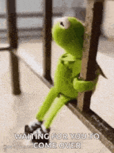 kermit the frog is sitting on a railing holding onto a pole and waiting for you to come over .
