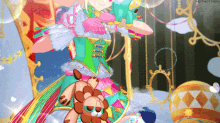 a girl in a colorful dress is holding a stuffed animal in her hand