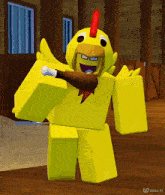 a cartoon character in a chicken costume holds a chicken leg in his mouth