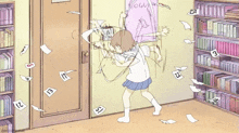 a cartoon of a girl in a library with a sign that says yogurt on it