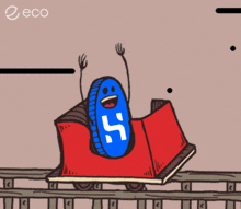 a cartoon drawing of a roller coaster with a coin on it with the number 5 on it