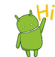 a cartoon drawing of an android saying hi with its arm up