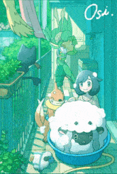 a cartoon drawing of a girl washing a sheep with the word osi on the bottom left