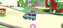 a blue van driving down a road in a video game