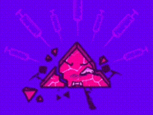 a purple triangle is glowing in the dark on a dark background .