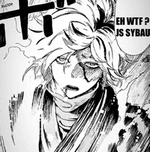 a black and white drawing of a person with the words eh wtf j s sybau