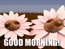 a greeting card that says good morning with two flowers