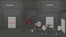 a group of cartoon characters in a room with a sign that says caeder