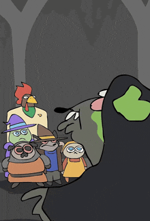 a group of cartoon characters including a turkey and a witch are standing in a dark room