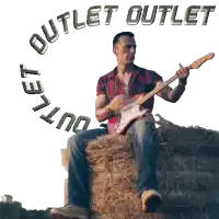 a man is sitting on a bale of hay playing a guitar and the outlet outlet logo is surrounding him