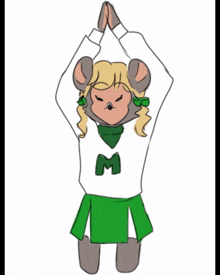 a drawing of a cheerleader with the letter m on her sweatshirt