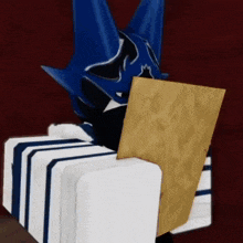 a cartoon character with a blue hat is sitting on a striped chair .