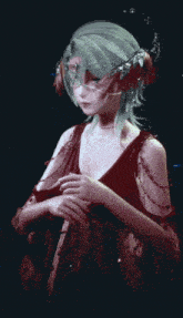 a woman with green hair is wearing a red dress and a mask