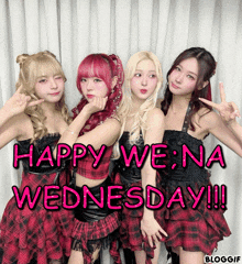 a group of girls are posing for a picture and the caption says happy we na wednesday