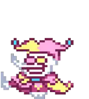 a pixel art drawing of a clown with a pink and yellow hat