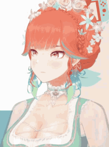 a girl with red hair is wearing a green dress