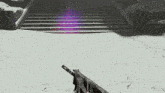 a black and white photo of a person holding a gun with a purple light in the background