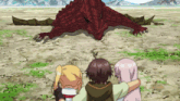 a group of people looking at a red dragon in the desert