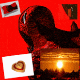 a collage of images with a red background