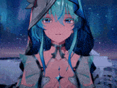 a blue haired anime girl with a white hat on her head