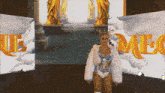 a woman in a white fur coat stands in front of a screen that says queen mecca