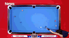a pool table with the words news on the top left