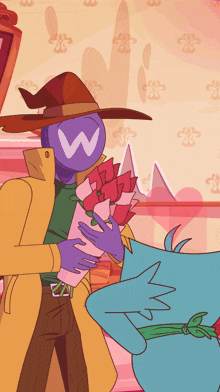 a man with a w on his face holds a bouquet of flowers