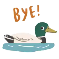 an illustration of a duck in the water with the words bye written above it