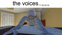 a cartoon character is sitting at a keyboard with the words " the voices " written above it