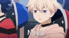 a cartoon character with the name miya written on his chest