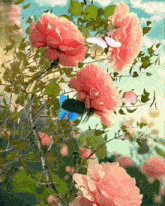 a painting of pink flowers with butterflies flying around