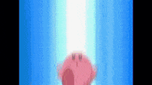 a pink cartoon character is standing in front of a blue background with a light coming out of its mouth .
