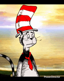 a cartoon cat in the hat with a red and white striped hat