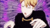 a boy with blonde hair is wearing a black shirt and a gold necklace